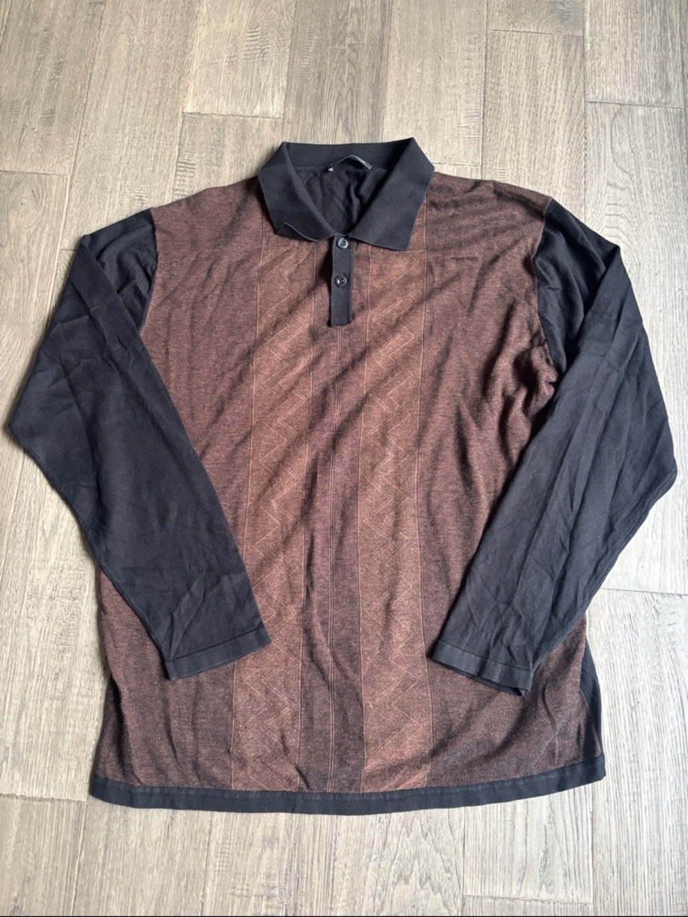 Ted Lapidus Paris | Cotton Blend Long Sleeve Polo Shirt - Brown/Black Size XL